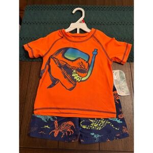 Quad Seven Boys 18M Orange Dinosaur Rash Guard and Swim Trunks Set NEW